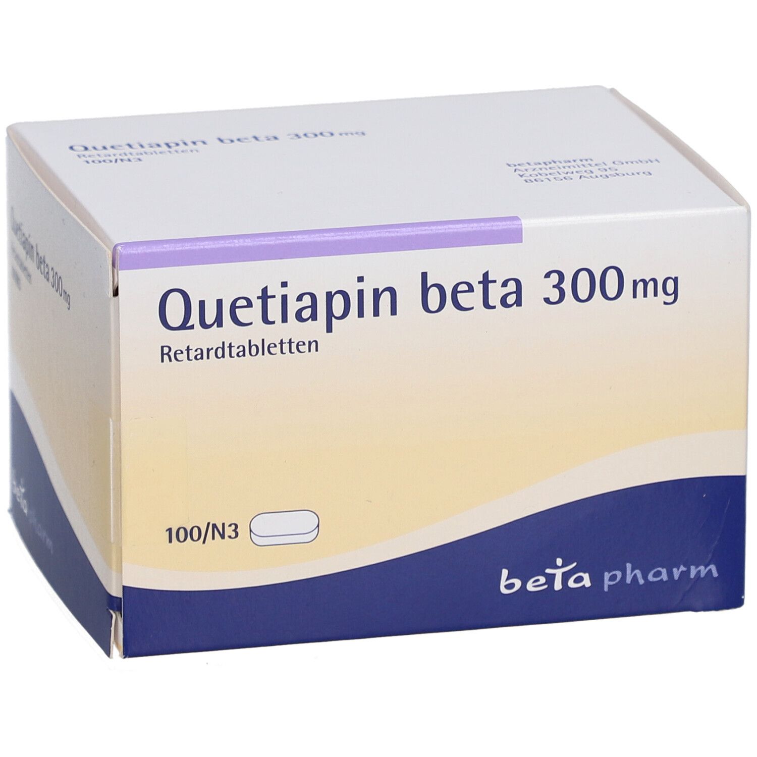 Schachtel mit "Quetiapin beta 300mg Retardtabletten". Weiße Verpackung mit blauem Streifen. 100/N3. Tabletten-Symbol.