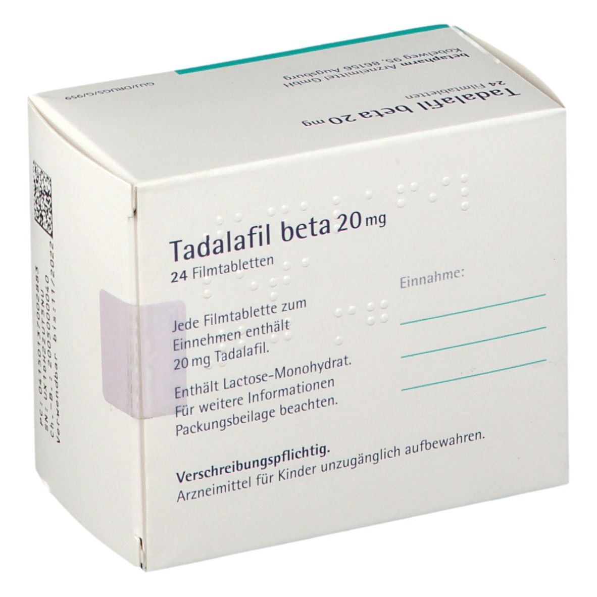 Tadalafil beta 20 mg Verpackung, Seite mit Einnahmeinformationen und Inhaltsstoffen.