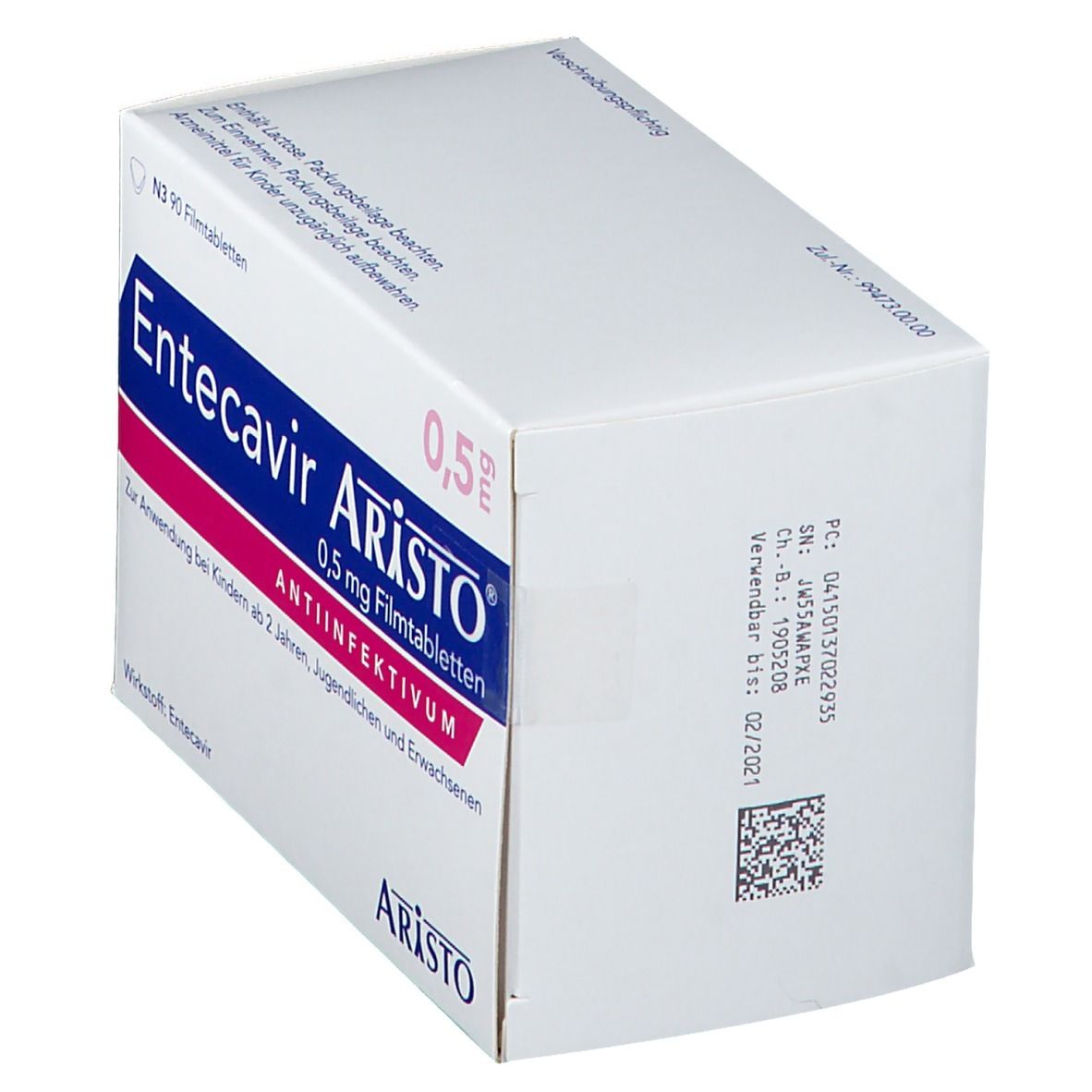 Weiße Faltschachtel mit Aufdruck. Enthält Entecavir Aristo® 0,5 mg Filmtabletten. Seitenansicht. Schriftzug: ANTIINFEKTIVUM.