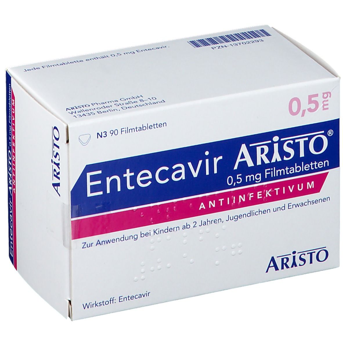 Weiße Faltschachtel mit Aufdruck. Enthält Entecavir Aristo® 0,5 mg Filmtabletten. Rosa Akzent. Schriftzug: ANTIINFEKTIVUM.