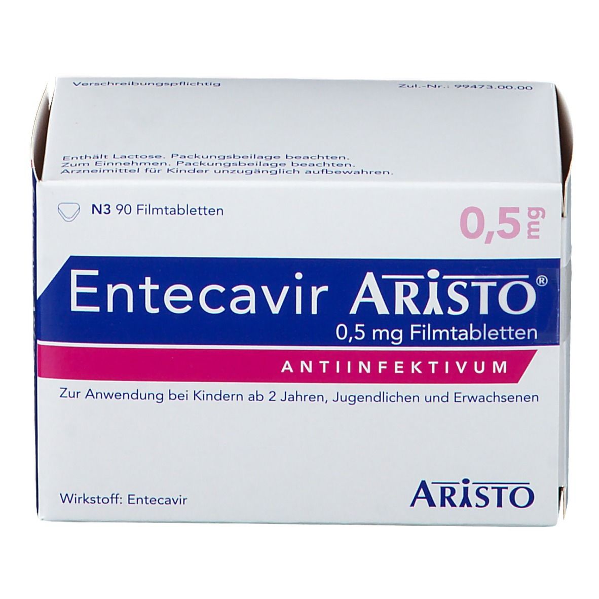 Weiße Faltschachtel mit Aufdruck. Enthält Entecavir Aristo® 0,5 mg Filmtabletten. Rosa Akzent. Schriftzug: ANTIINFEKTIVUM.