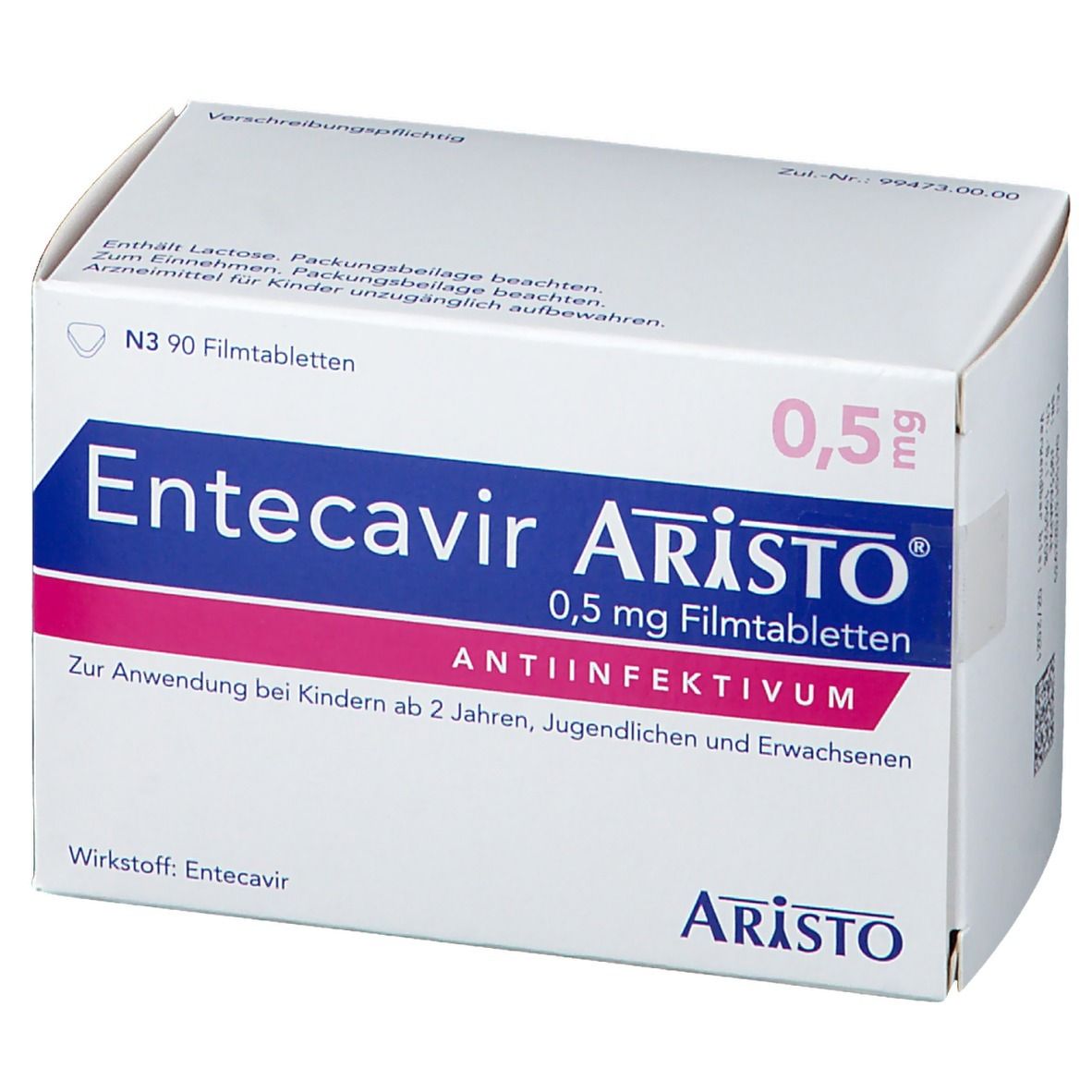 Weiße Faltschachtel mit Aufdruck. Enthält Entecavir Aristo® 0,5 mg Filmtabletten. Rosa Akzent. Schriftzug: ANTIINFEKTIVUM.