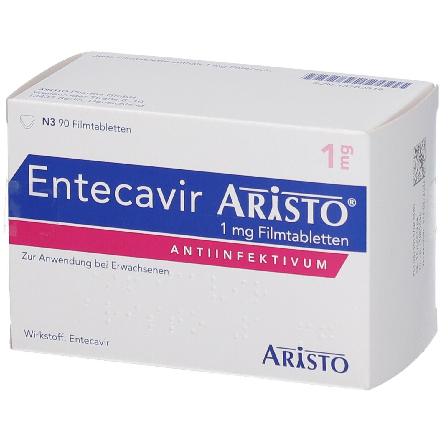Schachtel Entecavir Aristo 1 mg Filmtabletten. Weiß, blau und pink. Aufschrift: Antiinfektivum.