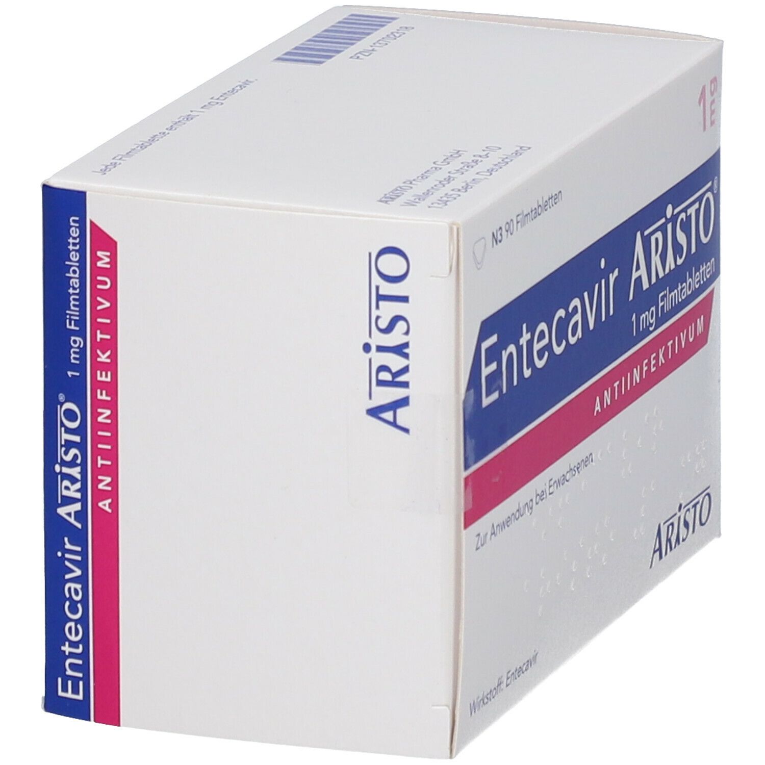 Schachtel Entecavir Aristo 1 mg Filmtabletten. Weiß, blau und pink. Aufschrift: Antiinfektivum. Ansicht schräg.
