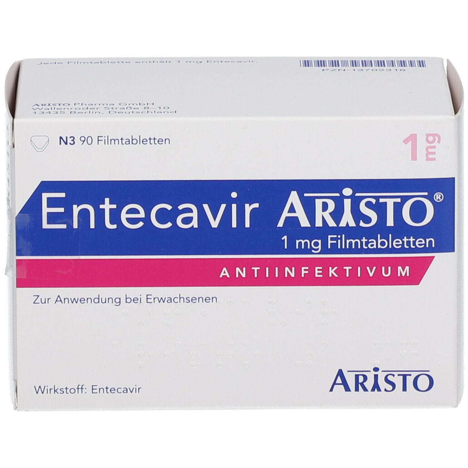 Schachtel Entecavir Aristo 1 mg Filmtabletten. Weiß, blau und pink. Aufschrift: Antiinfektivum.