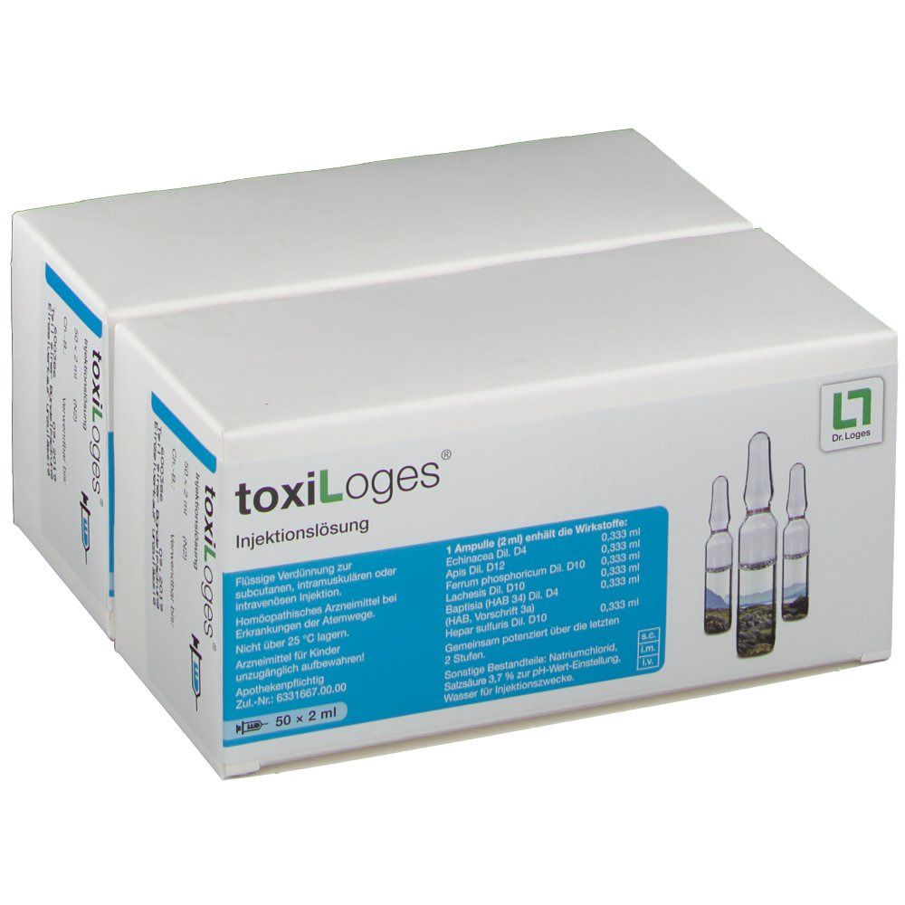 Weiße Faltschachtel mit Produktinformationen und Ampullen. Aufschrift: toxiLoges Injektionslösung. Logo Dr. Loges.