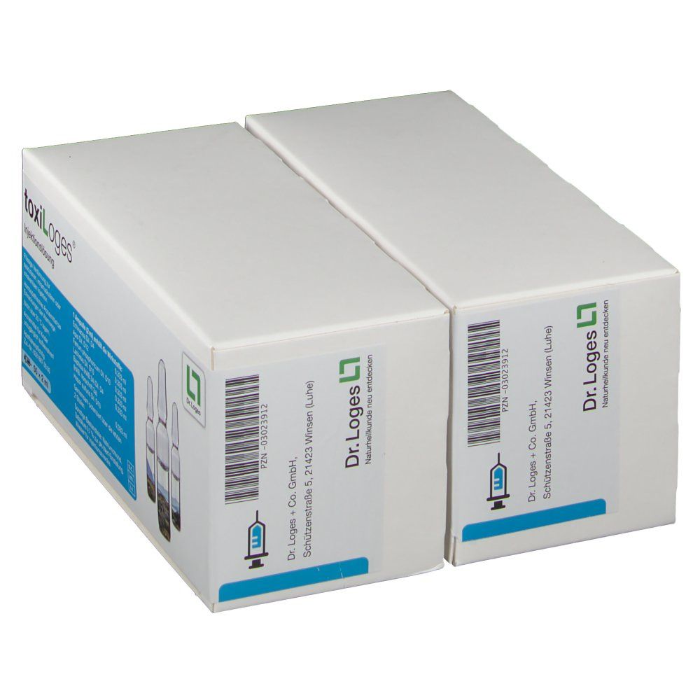 Zwei weiße Faltschachteln mit Produktinformationen. Aufschrift: toxiLoges Injektionslösung. Logo Dr. Loges. Barcode.