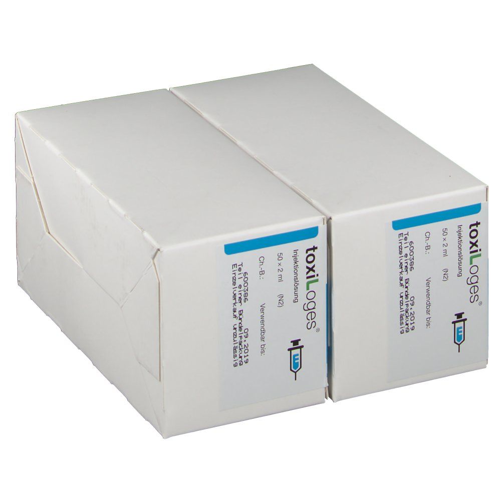 Zwei weiße Faltschachteln mit Produktinformationen. Aufschrift: toxiLoges Injektionslösung. Logo Dr. Loges.