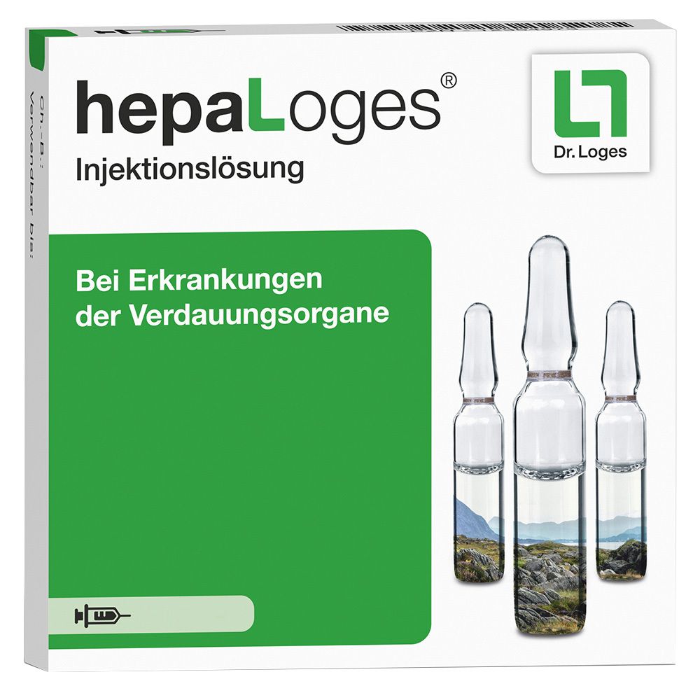 Verpackung mit Ampullen. Aufschrift hepaLoges Injektionslösung. Text: Bei Erkrankungen der Verdauungsorgane.