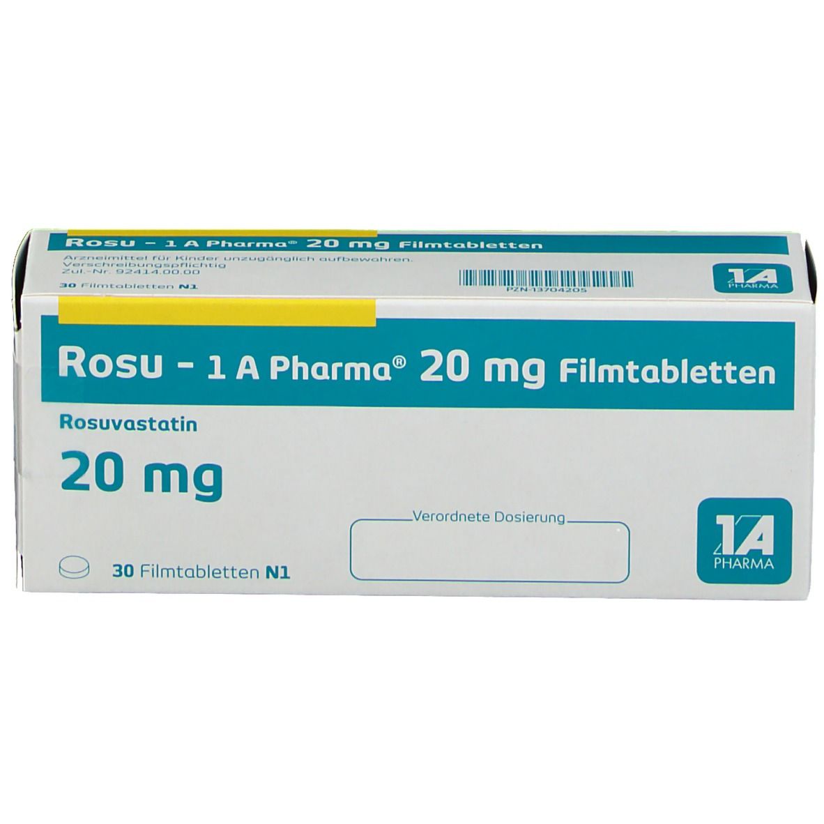 Schachtel mit Rosu - 1 A Pharma 20 mg Filmtabletten. Weiße Schachtel mit blauen Akzenten. Text: 20 mg, Rosuvastatin, 30 Filmtabletten.
