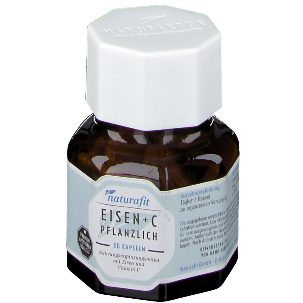 Braune Glasflasche mit weißem Deckel. Etikett mit naturafit Eisen+C pflanzlich, 30 Kapseln. Apotheken-Qualität.