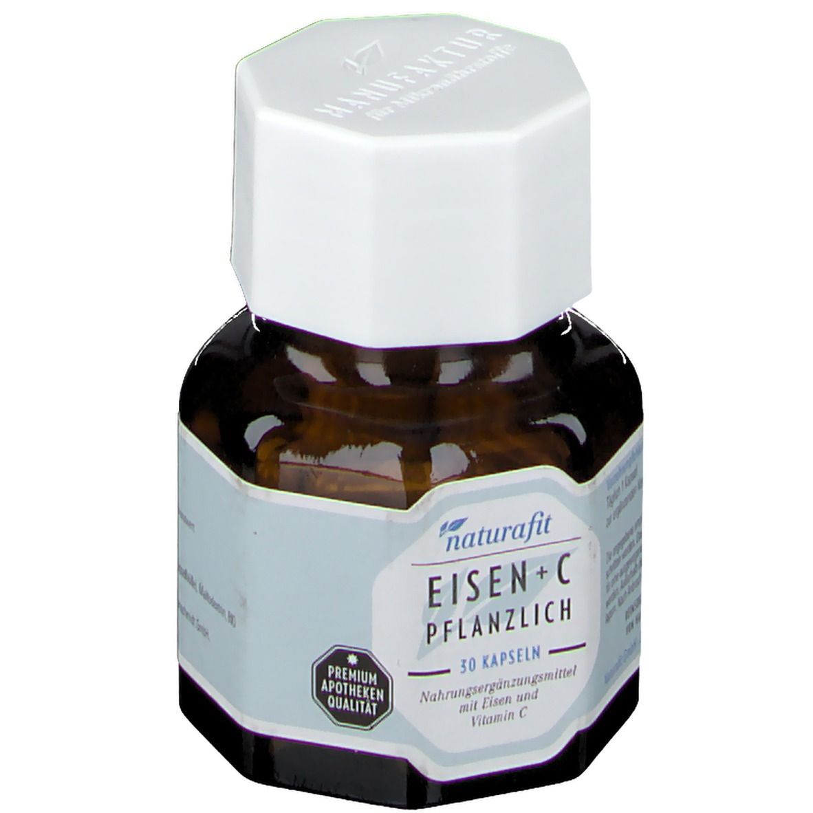 Braune Glasflasche mit weißem Deckel. Etikett mit naturafit Eisen+C pflanzlich, 30 Kapseln. Apotheken-Qualität.
