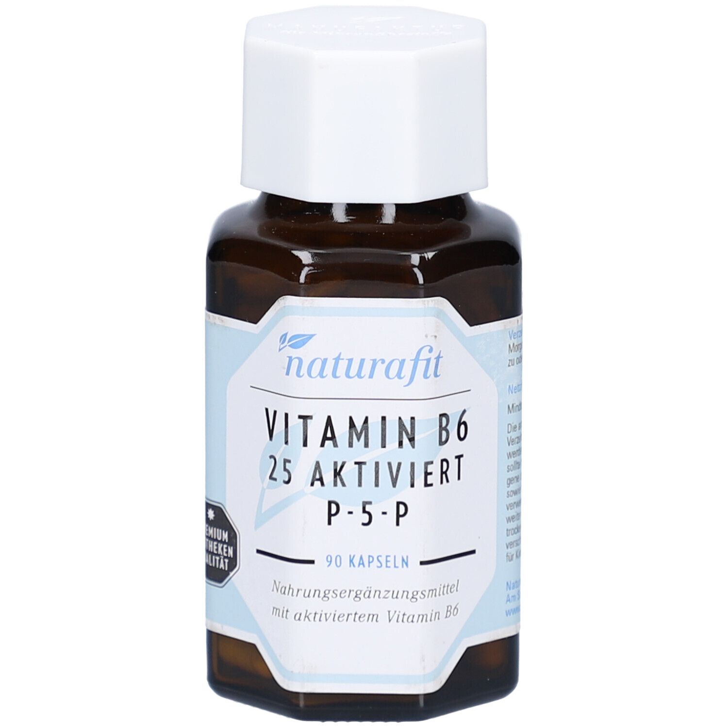 Braune Glasflasche mit weißem Deckel. Etikett mit naturafit, Vitamin B6 25 aktiviert P-5-P und 90 Kapseln. Premium Apotheken Qualität.