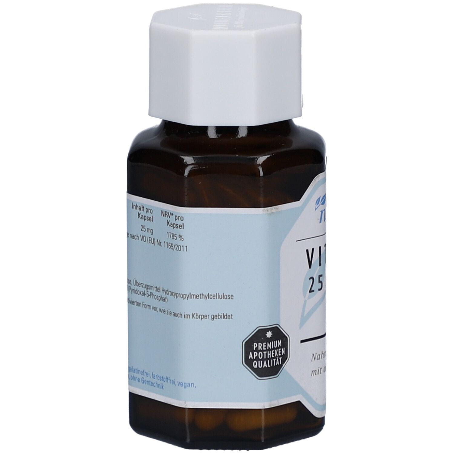 Braune Glasflasche mit weißem Deckel. Etikett mit Inhaltsangaben, NRV pro Kapsel, 25 mg Vitamin B6. Premium Apotheken Qualität.