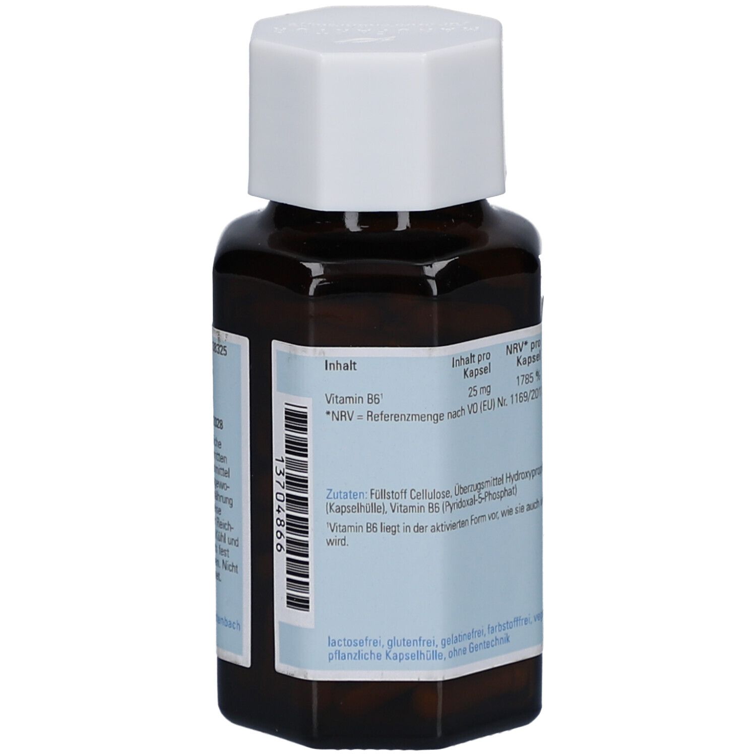 Braune Glasflasche mit weißem Deckel. Etikett mit Inhaltsangaben, Vitamin B6, 25 mg pro Kapsel. Zutatenliste und weitere Informationen.