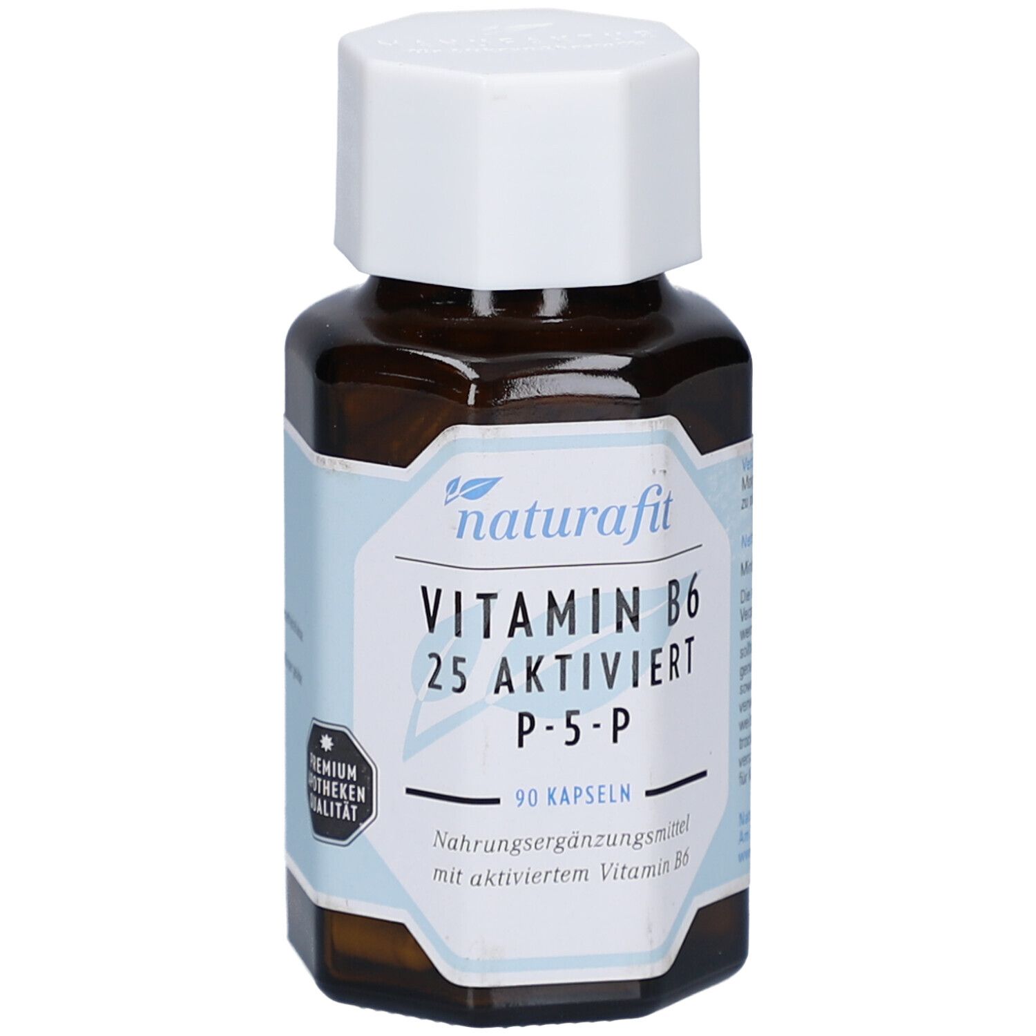 Braune Glasflasche mit weißem Deckel. Etikett mit naturafit, Vitamin B6 25 aktiviert P-5-P und 90 Kapseln. Premium Apotheken Qualität.