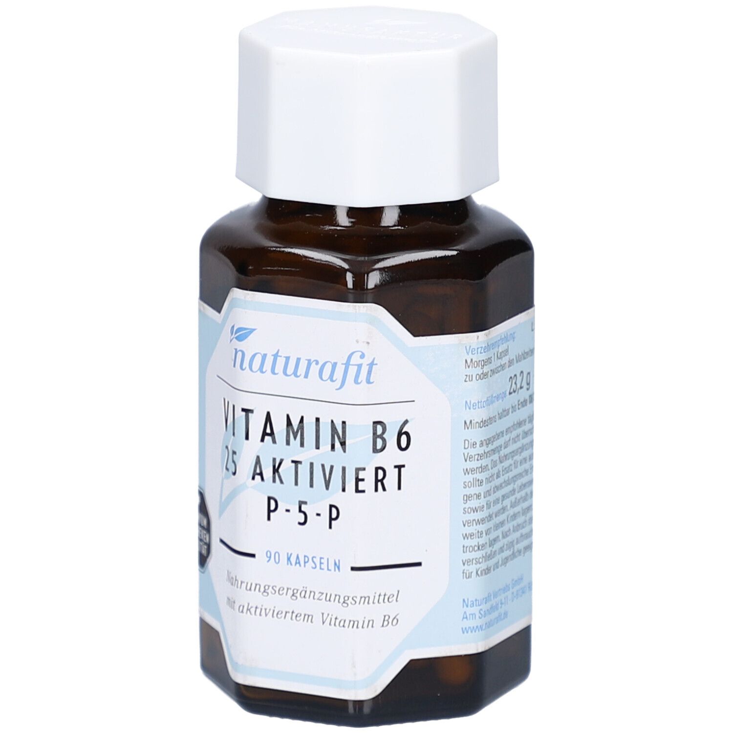 Braune Glasflasche mit weißem Deckel. Etikett mit naturafit, Vitamin B6 25 aktiviert P-5-P und 90 Kapseln. Premium Apotheken Qualität.