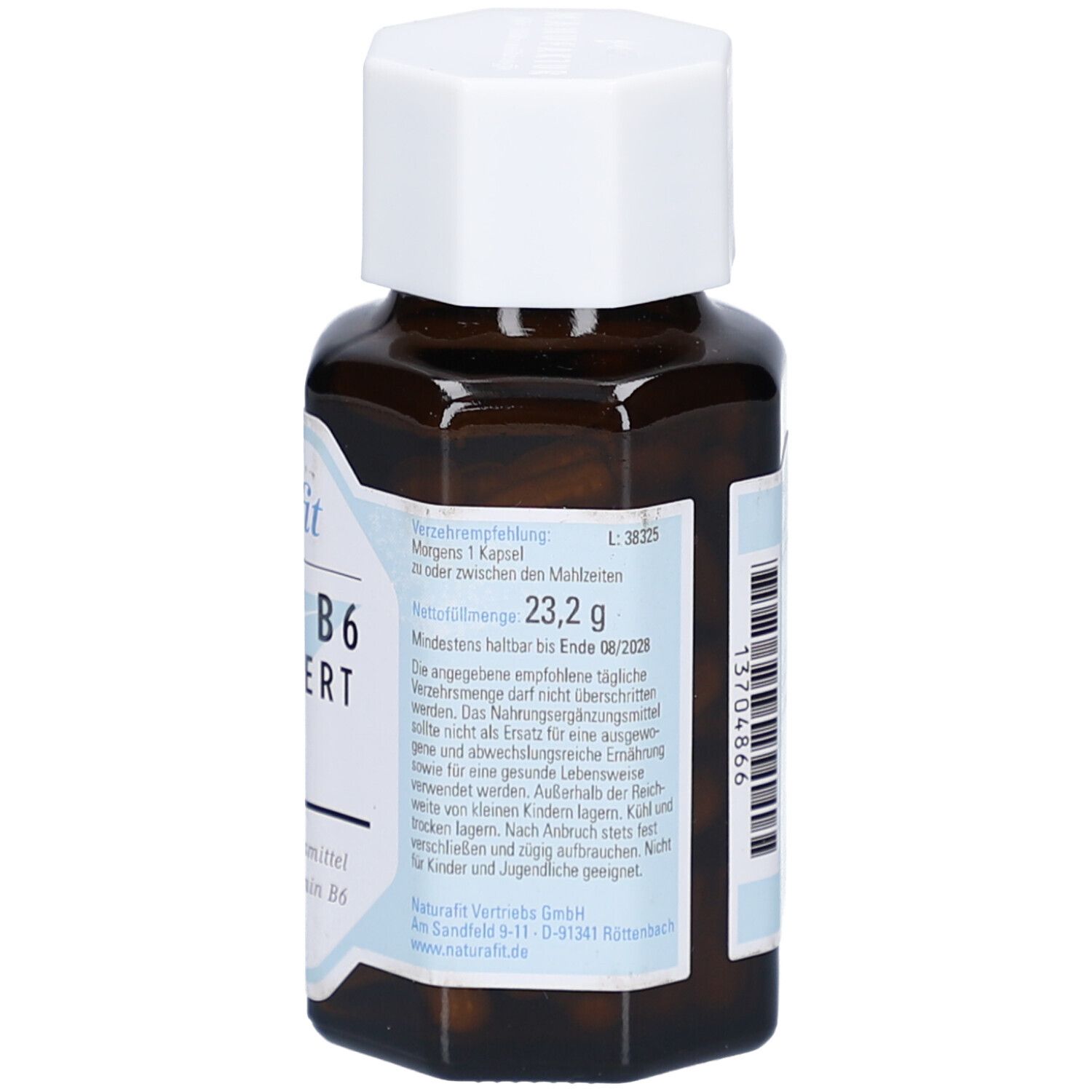 Braune Glasflasche mit weißem Deckel. Etikett mit Dosierungsempfehlung, Mindestens haltbar bis 08/2020. Weitere Informationen.