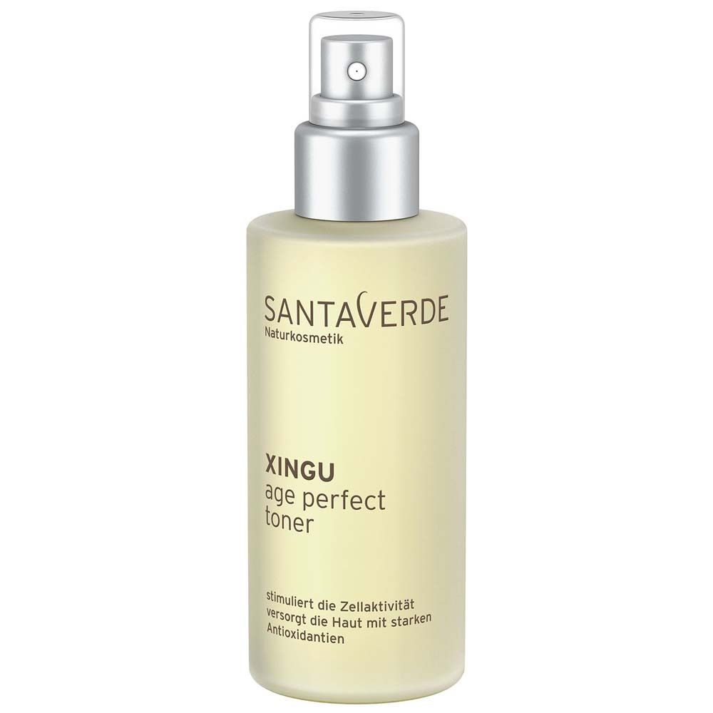 Beige Flasche mit Sprühkopf. Aufschrift: SANTAVERDE, XINGU age perfect toner. Text darunter.