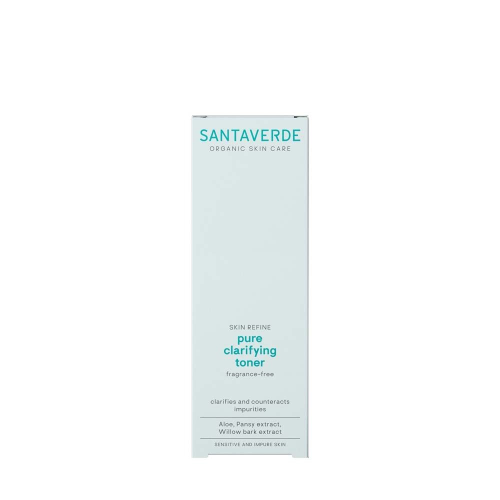 Weiße Produktverpackung. Aufschrift: SANTAVERDE, pure clarifying toner, ohne Duft. Text auf Türkis.