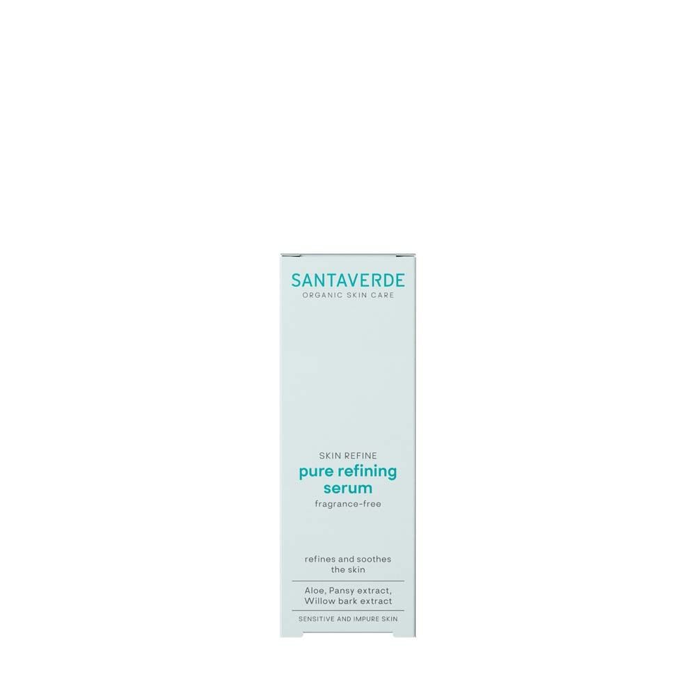 Karton SANTAVERDE Skin Refine pure refining serum. Produktname und Logo deutlich sichtbar. Ohne Duft.