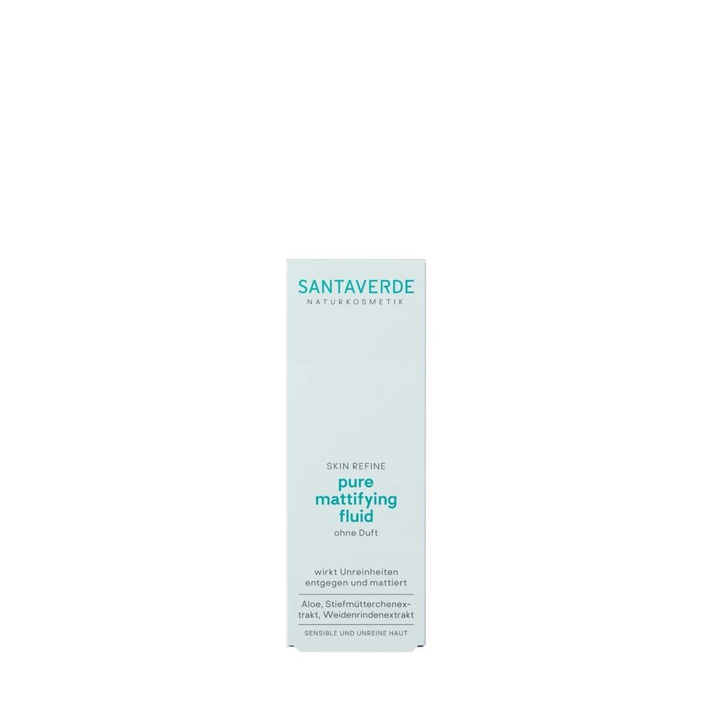 Weiße Produktverpackung mit Text: Skin Refine pure mattifying fluid. Text: wirkt Unreinheiten entgegen und mattiert.
