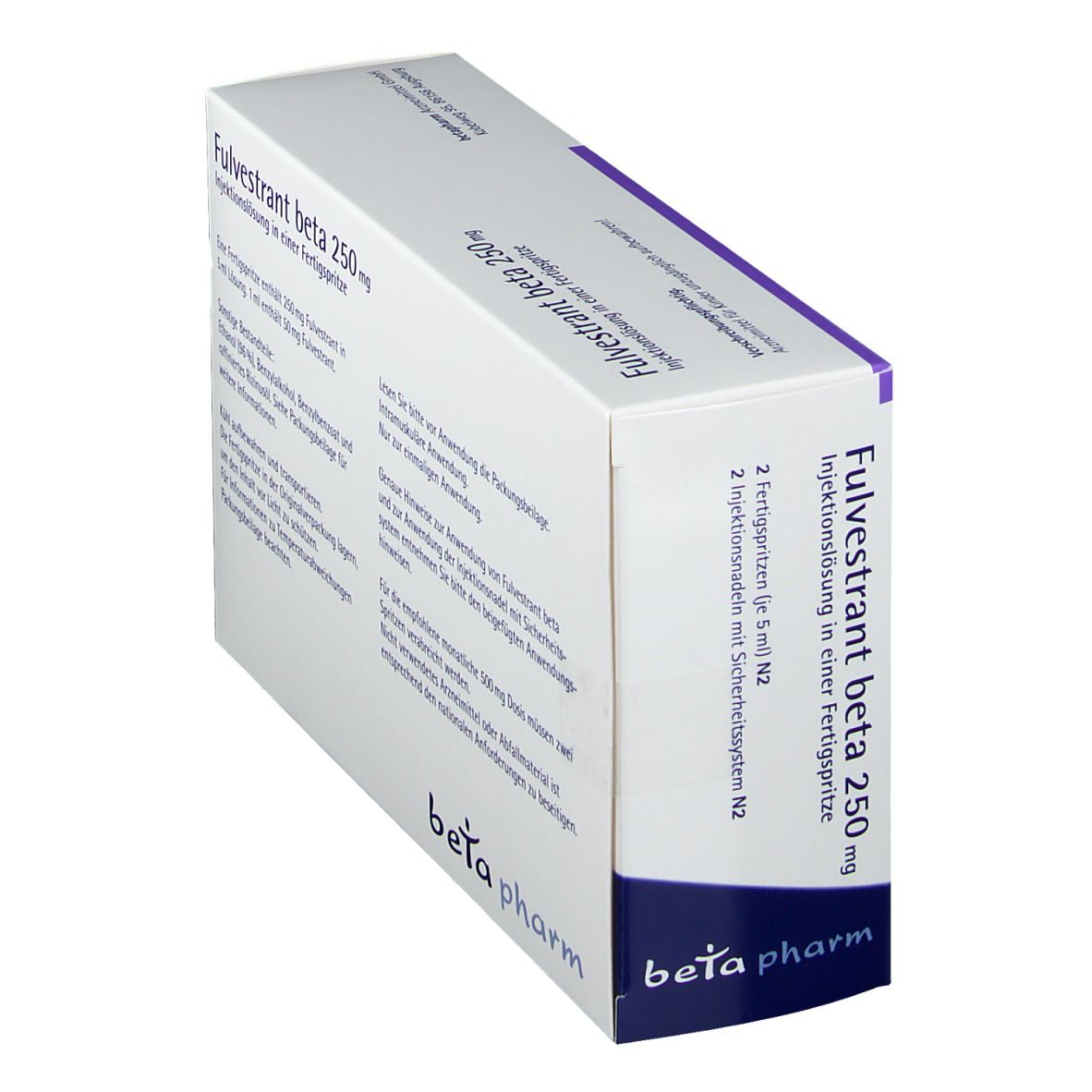Faltschachtel mit Fulvestrant beta 250 mg. Rückseite mit Produktinformationen und Logo von beta pharm.