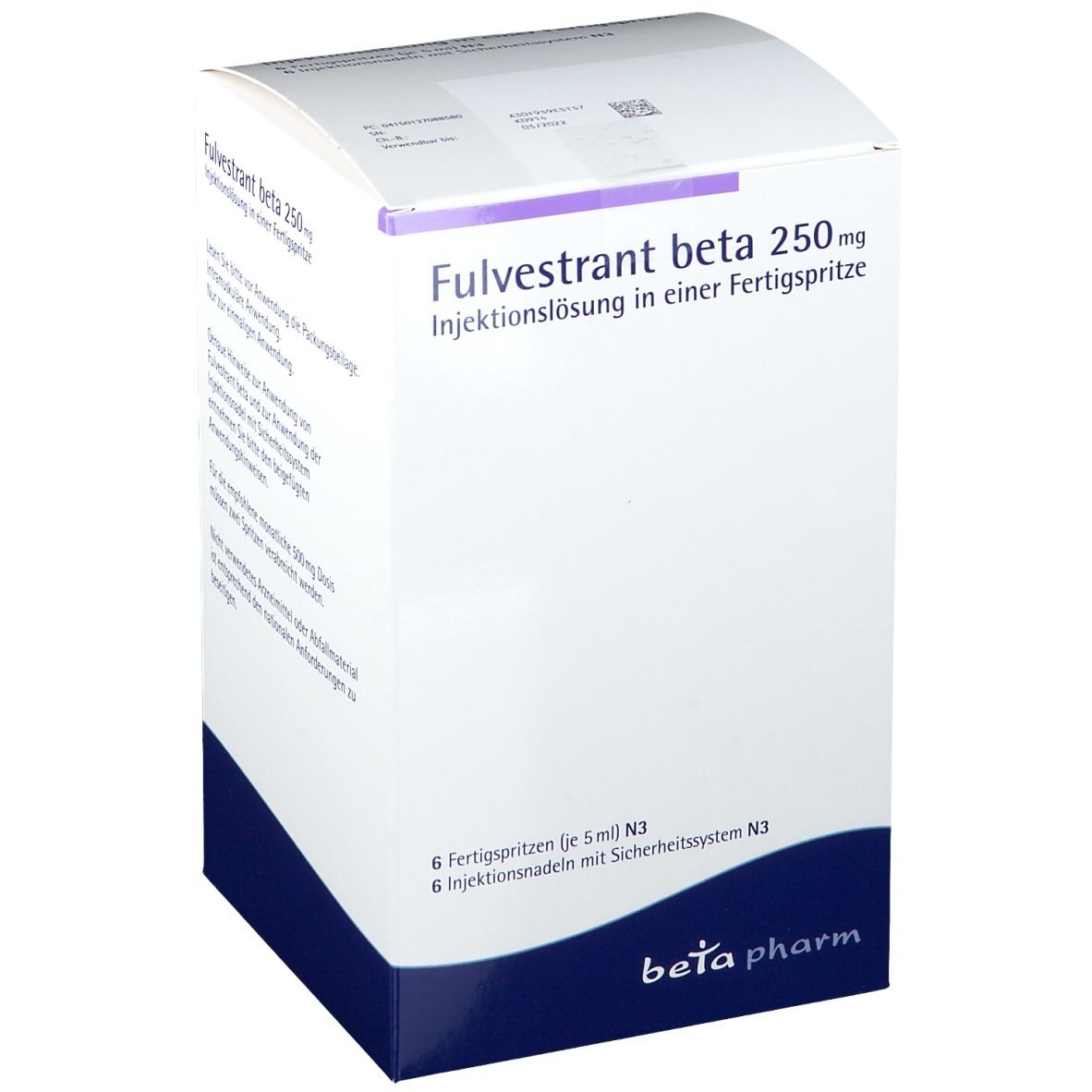 Karton mit Fulvestrant beta 250mg Injektionslösung. Enthält 6 Fertigspritzen und Injektionsnadeln. Marke: beta pharm.