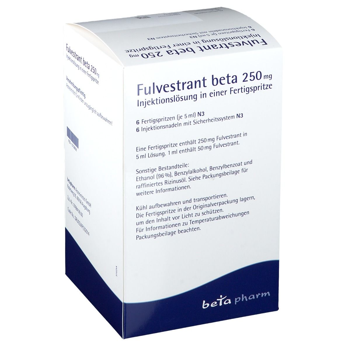 Karton mit Fulvestrant beta 250mg Injektionslösung. Enthält 6 Fertigspritzen und Injektionsnadeln. Marke: beta pharm.