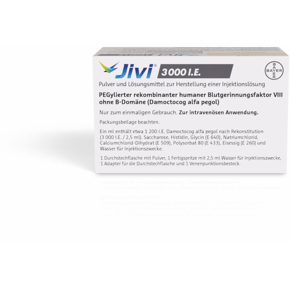 Karton mit Produktnamen Jivi 3000 I.E. und Bayer-Logo. Enthält Pulver und Lösungsmittel zur Injektionsherstellung.