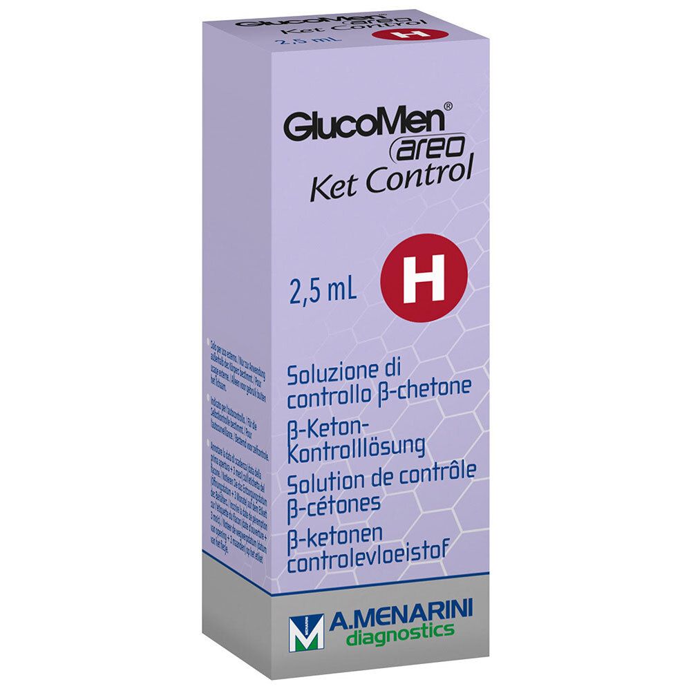 Verpackung von GlucoMen areo Ket Control. Aufschrift: 2,5 ml, H. Mehrsprachige Beschriftung: Kontrolle von Beta-Ketonen.