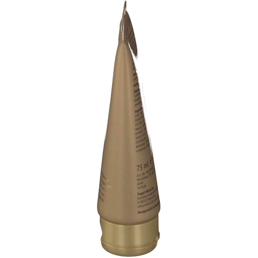 Beige Tube, Seitenansicht. Goldfarbener Verschluss. Aufschrift: 75 ml.