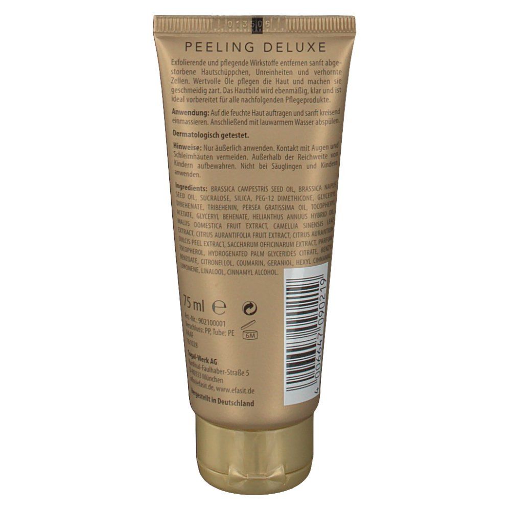 Rückseite der Tube. Aufschrift: PEELING DELUXE, Inhaltsstoffe, 75 ml.