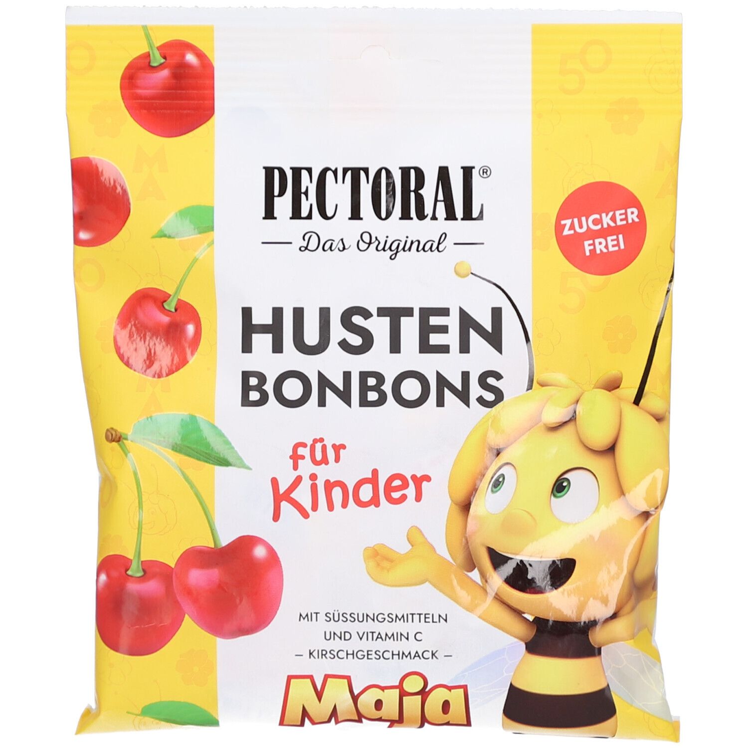 Gelbe Verpackung Hustenbonbons für Kinder. Aufschrift: Pectoral, Maja, zuckerfrei. Abbildung: Kirschen und Biene Maja.