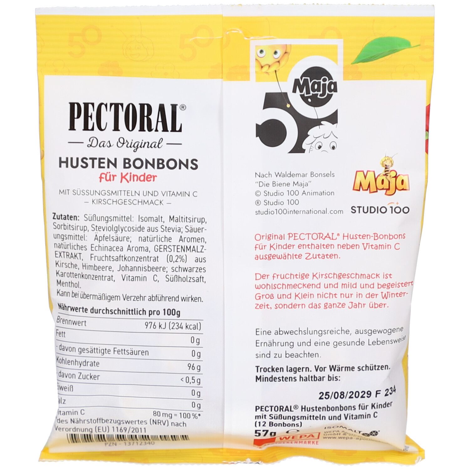 Rückseite der gelben Verpackung. Aufschrift: Pectoral, Hustenbonbons für Kinder. Zutatenliste, Nährwertangaben, Mindesthaltbarkeitsdatum.