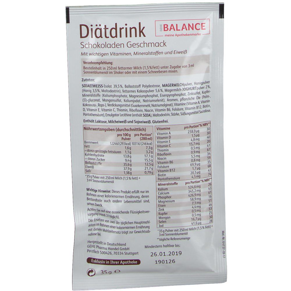 Diätdrink Schokoladen Geschmack, Beutel. Enthält Vitamine, Mineralstoffe und Eiweiß. Marke: BALANCE.