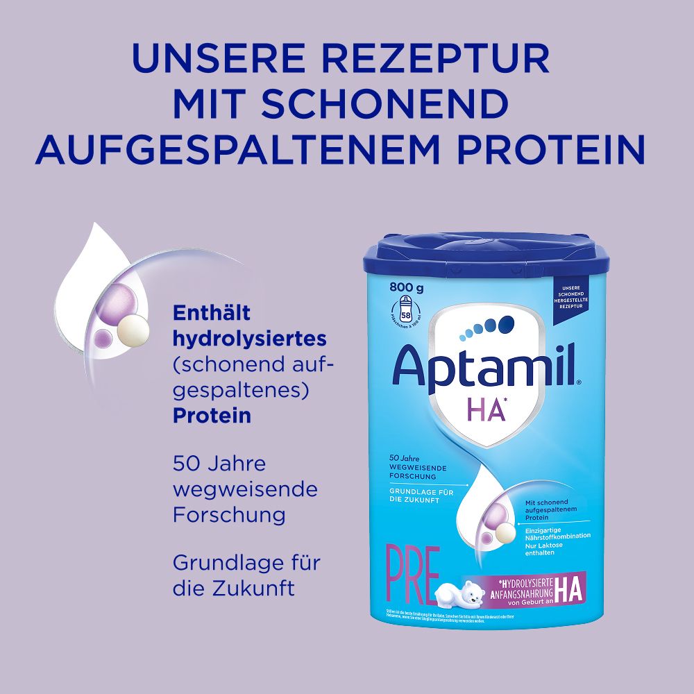 Aptamil HA Pre Dose mit Text: Unsere Rezeptur mit schonend aufgespaltenem Protein. 800g. Aufschrift: HA, Pre, hydrolysierte Anfangsnahrung.