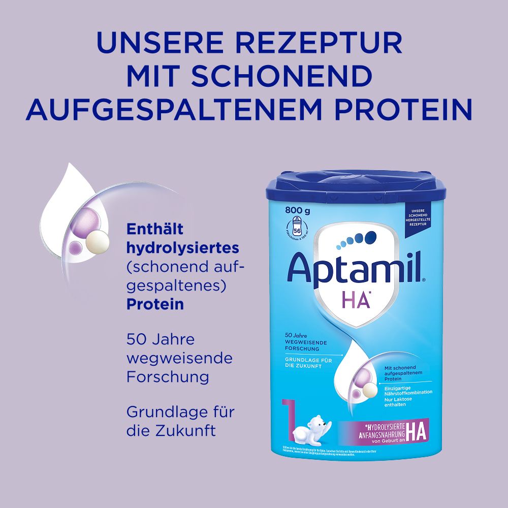 Aptamil HA 1 Dose, blau. Text: Enthält hydrolysiertes Protein. 50 Jahre wegweisende Forschung. Grundlagen für die Zukunft.