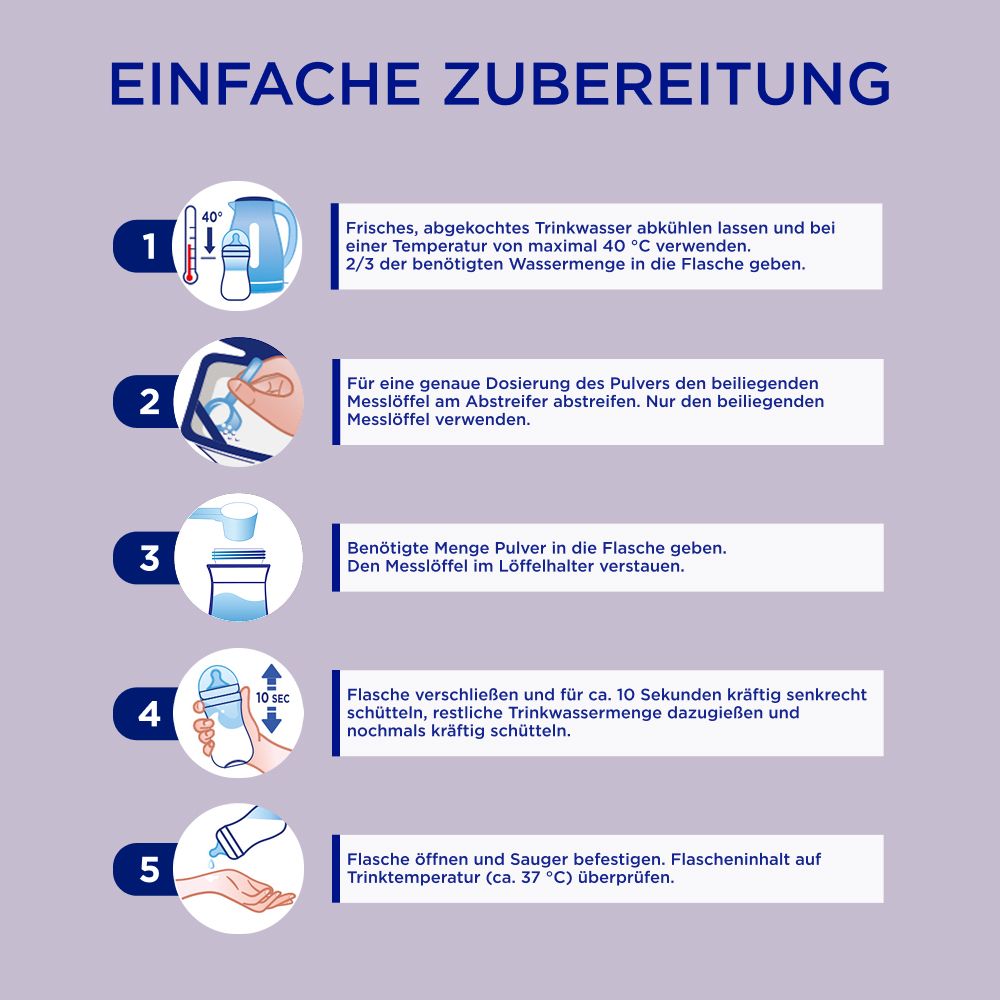 Schritt-für-Schritt-Anleitung zur Zubereitung von Aptamil HA 1. Bebilderte Anweisungen mit Nummern und Text.
