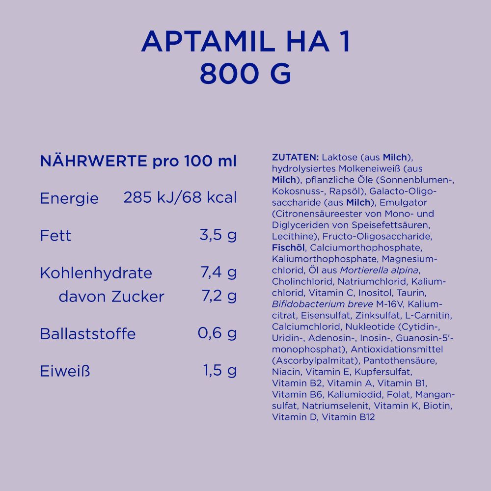 Nährwerttabelle für Aptamil HA 1 pro 100 ml. Zutatenliste. Text in deutscher Sprache.