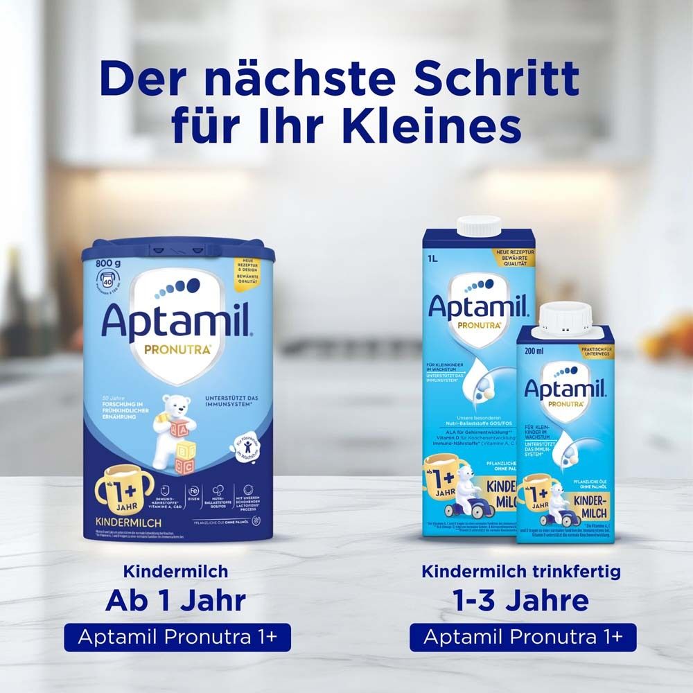 Aptamil-Produktübersicht. KinderMilch ab 1 Jahr, KinderMilch trinkfertig 1-3 Jahre. Aptamil Pronutra.