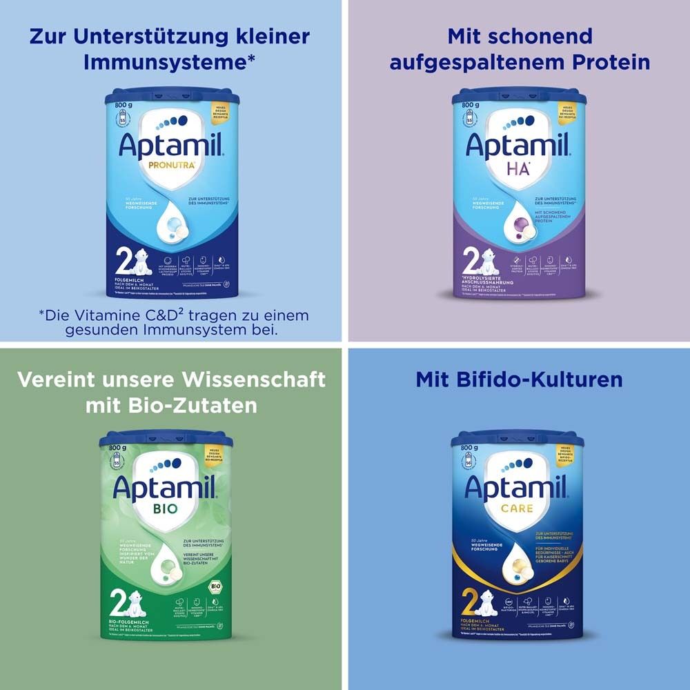 Vier Aptamil-Produkte. HA, Pronutra, Bio, Care. Zur Unterstützung kleiner Immunsysteme. Mit Bifido-Kulturen.