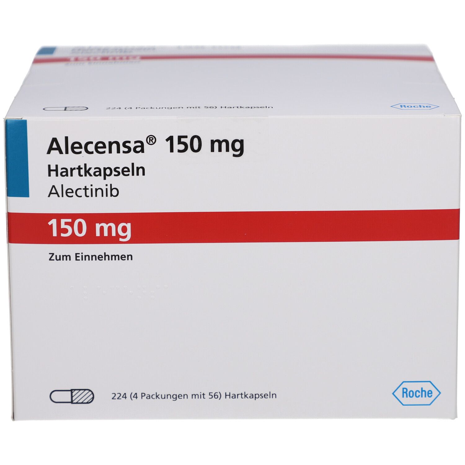 Weiße Arzneimittelbox mit rotem Streifen. Aufschrift: Alecensa 150 mg Hartkapseln, Alectinib, 150 mg. Enthält 224 Hartkapseln.
