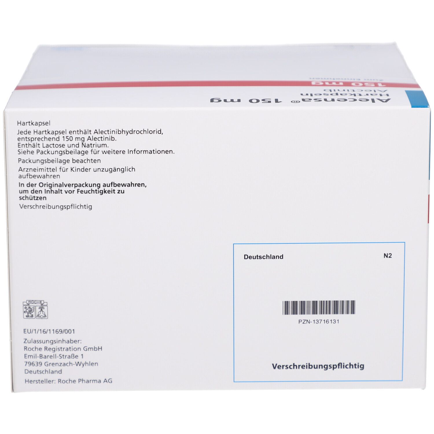 Rückseite der Arzneimittelbox. Textinformationen und Barcode. Aufschrift: Alecensa 150 mg Hartkapseln. Hersteller: Roche.