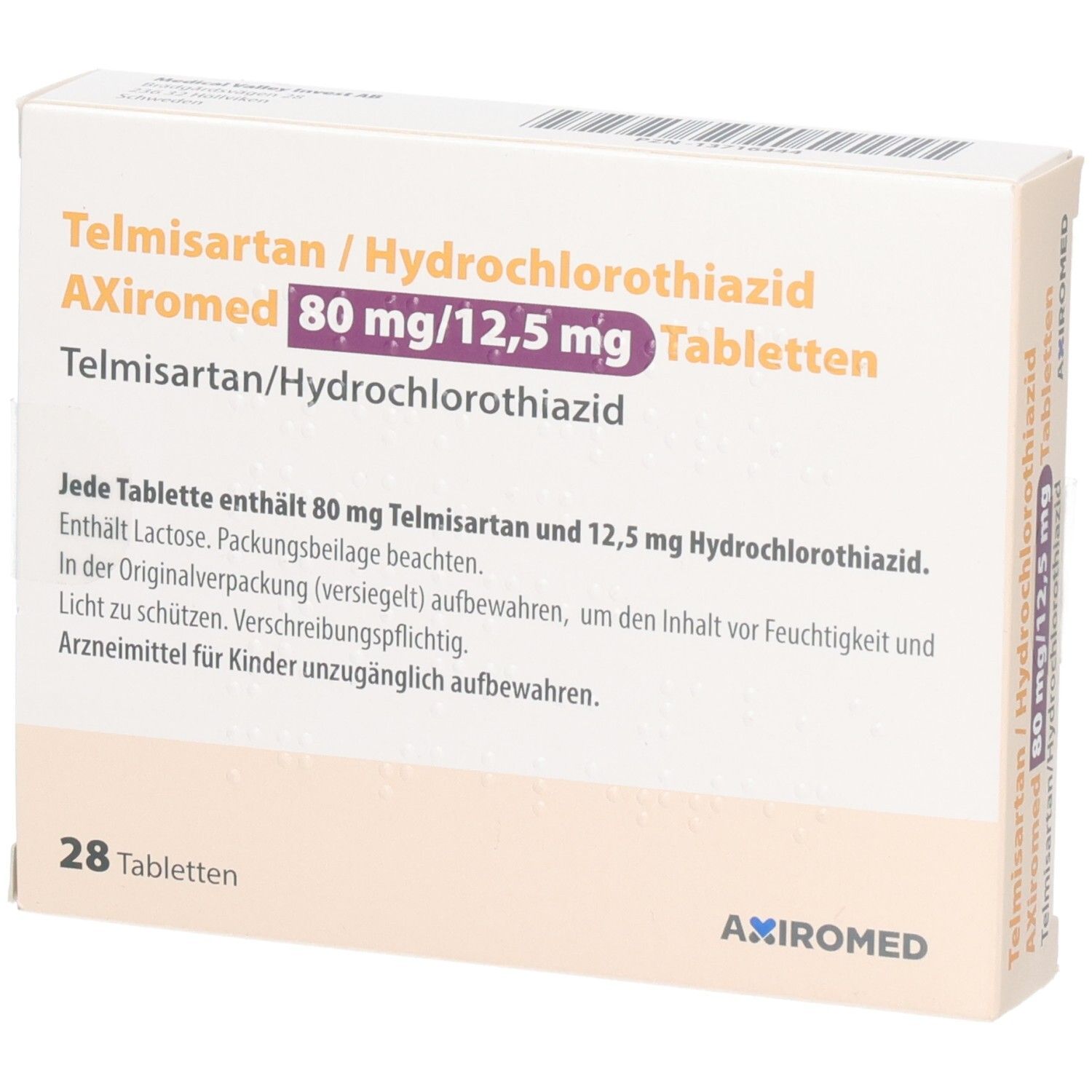 Packung Telmisartan/Hydrochlorthiazid Axiromed 80 mg/12,5 mg Tabletten, 28 Stück.