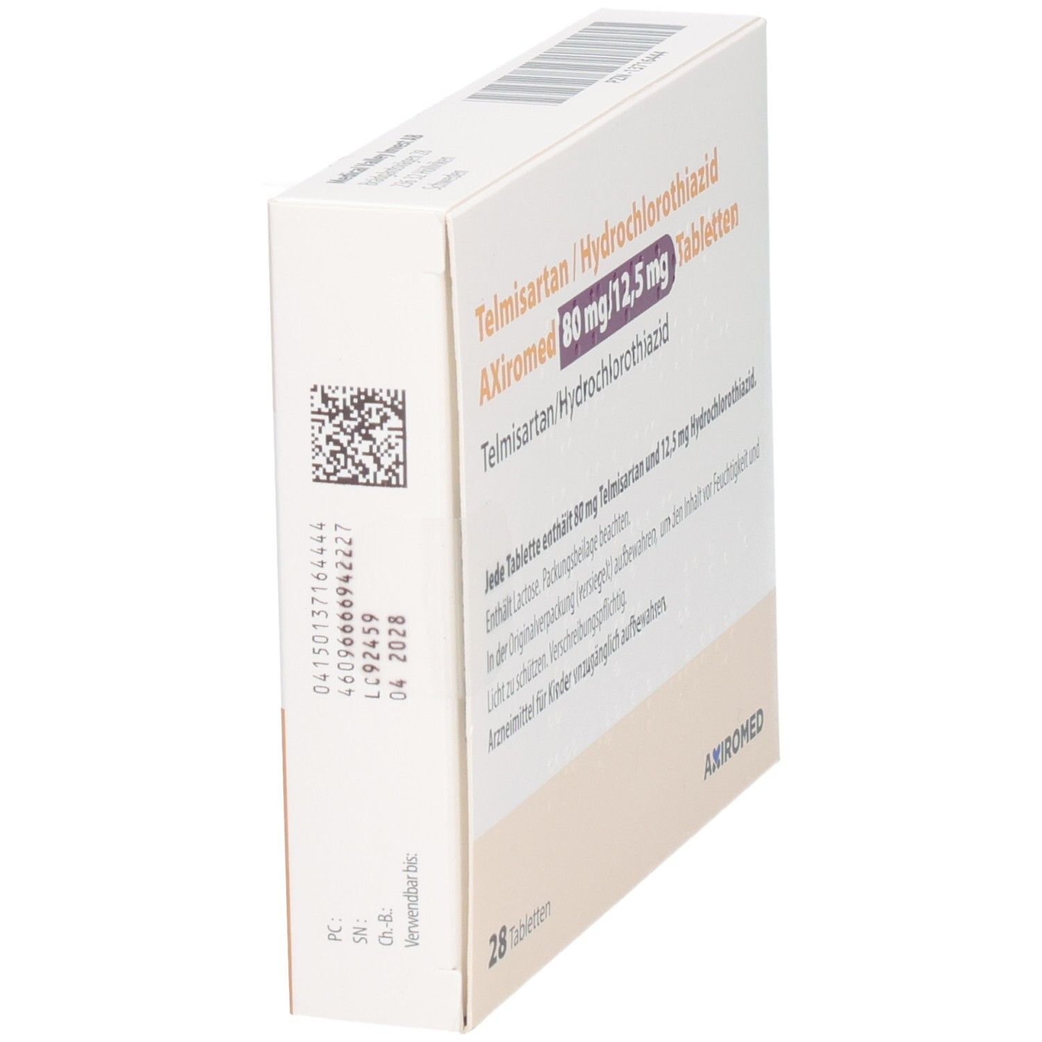Seitenansicht der Packung Telmisartan/Hydrochlorthiazid Axiromed 80 mg/12,5 mg Tabletten mit Chargennummer und Verfallsdatum.