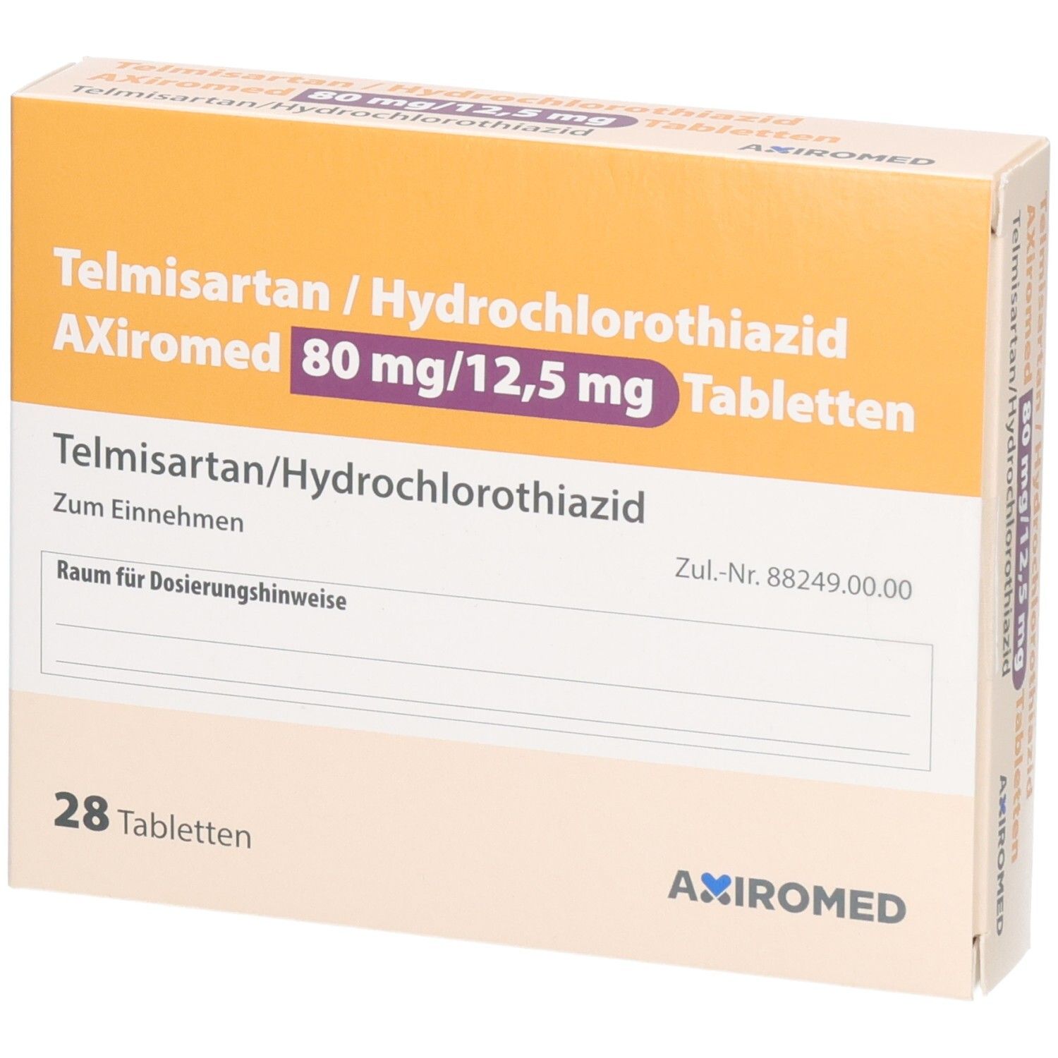 Vorderseite der Packung Telmisartan/Hydrochlorthiazid Axiromed 80 mg/12,5 mg Tabletten, Zul.-Nr. 88249.00.00.