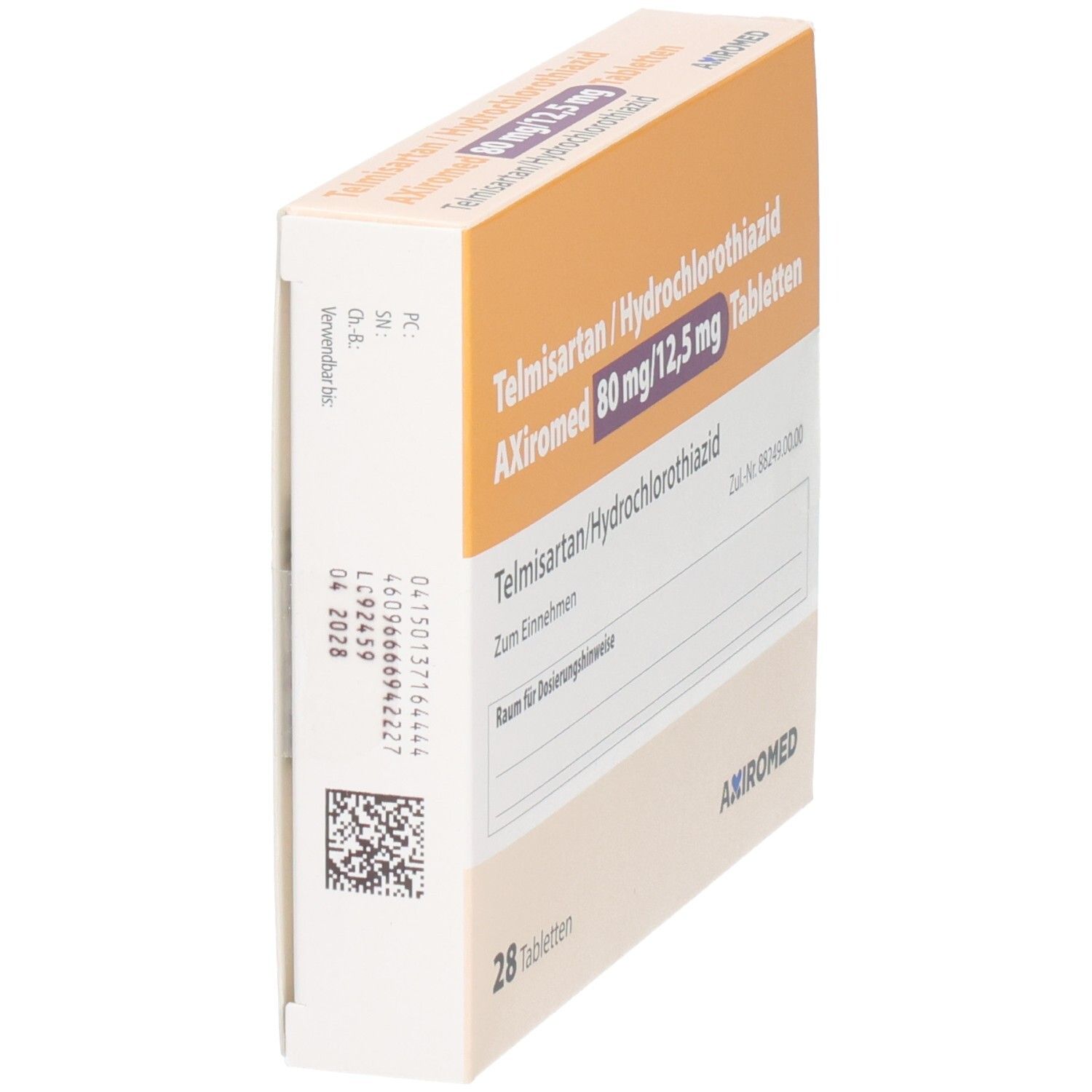 Seitenansicht der Packung Telmisartan/Hydrochlorthiazid Axiromed 80 mg/12,5 mg Tabletten, mit Barcode und Zulassungsnummer.