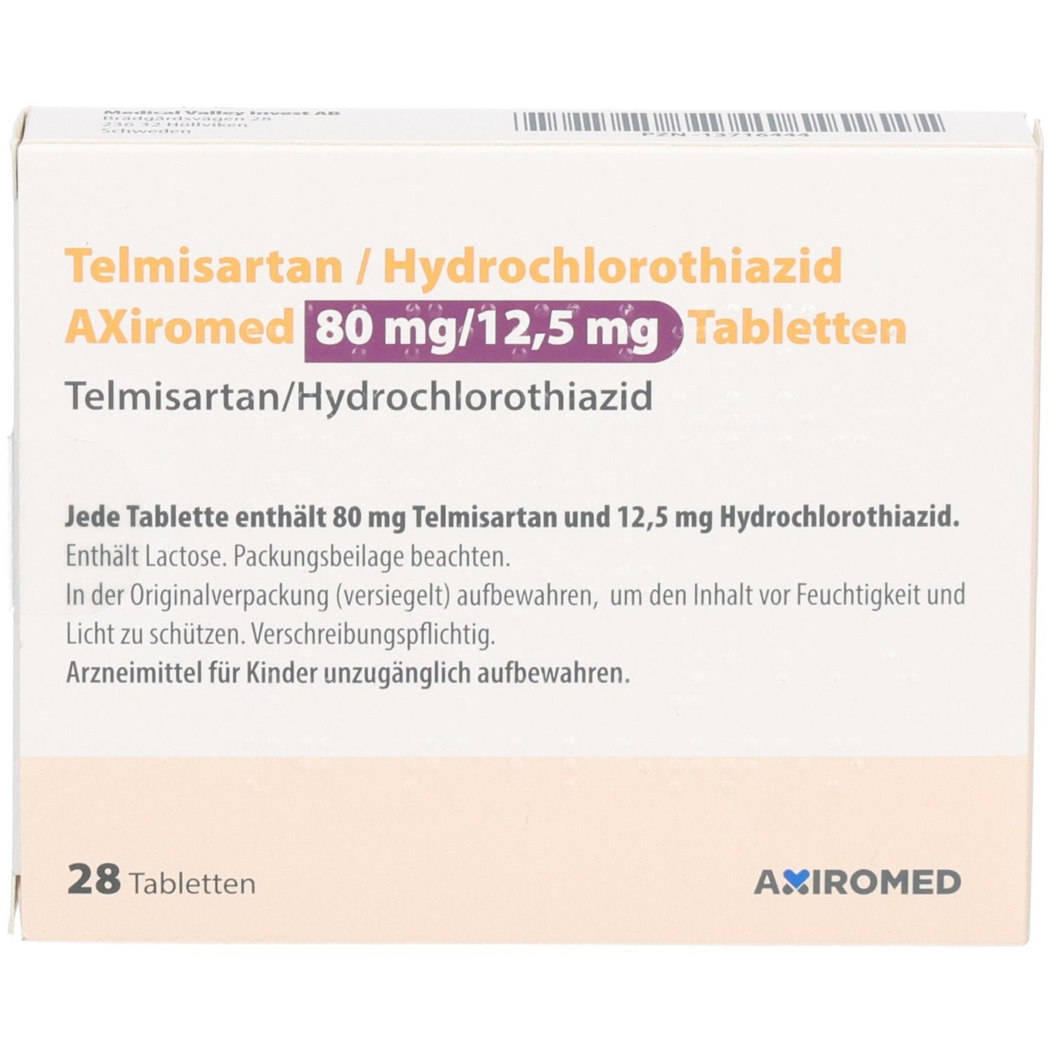 Packung Telmisartan/Hydrochlorthiazid Axiromed 80 mg/12,5 mg Tabletten, 28 Stück, mit Hinweisen zur Lagerung.