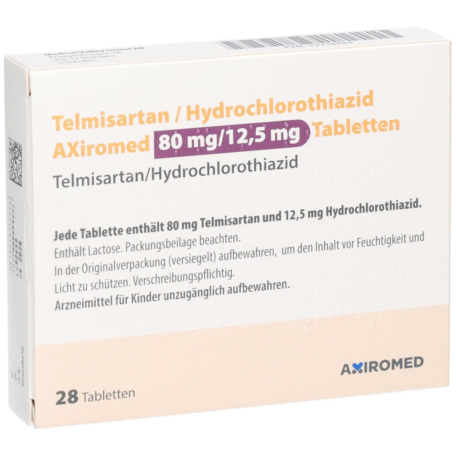 Packung Telmisartan/Hydrochlorthiazid Axiromed 80 mg/12,5 mg Tabletten, 28 Stück, Vorderseite mit detaillierten Informationen.